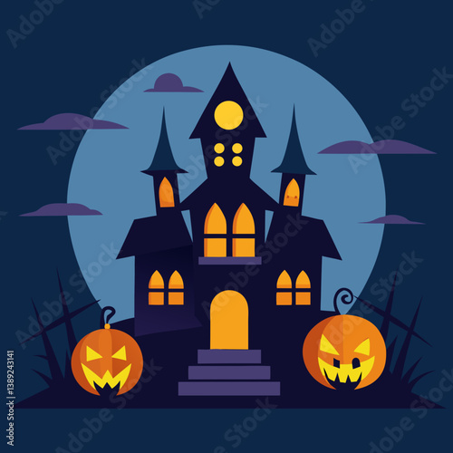 halloween background with house and pumpkin Haunted House with Glowing Jack-o'-Lanterns – Spooky Halloween Vector Design