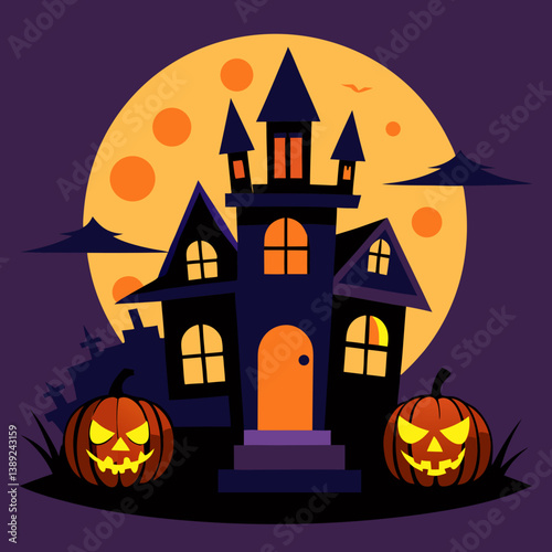 halloween background with house and pumpkin Haunted House with Glowing Jack-o'-Lanterns – Spooky Halloween Vector Design