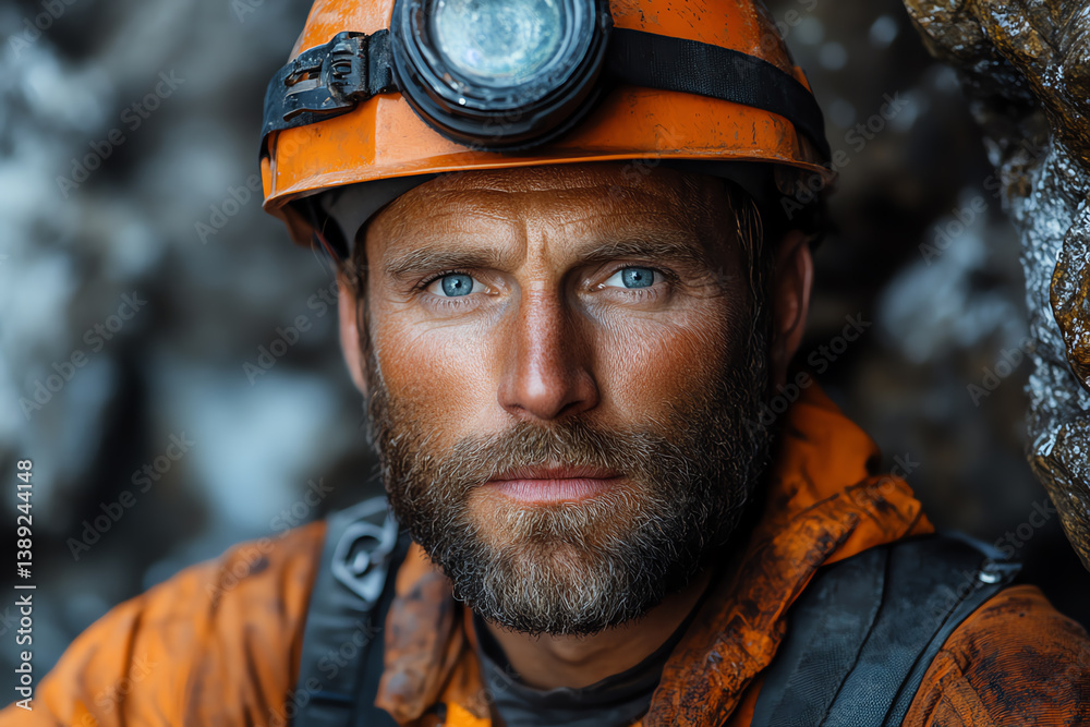 Portrait of a dedicated miner with a rugged appearance, showcasing determination and strength in a challenging underground environment. Portrait of a dedicated miner with a rugged appearance, showcasing determination and strength in a challenging underground environment.