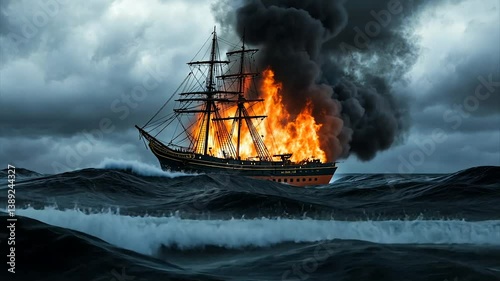 Burning sailing ship engulfed in flames amidst stormy sea