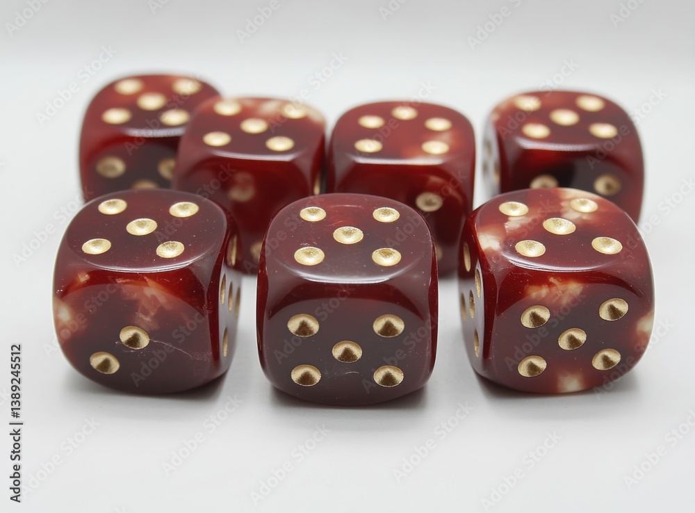 Group of Reddish Brown Dice with Gold Pips on White Surface Group of Reddish Brown Dice with Gold Pips on White Surface