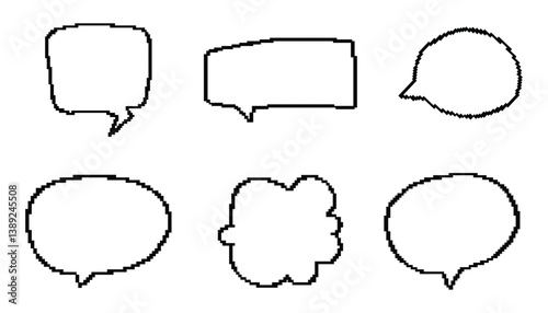 Pixel speech bubble set in 8 bit retro style. Vector message boxes. Classic pixel design for video games, UI, and nostalgic digital art