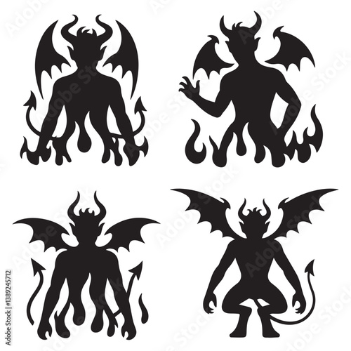 Demon devil and hell silhouettes set, large pack of Silhouette Vector Black Illustration. with white background