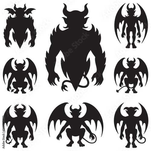 Demon devil and hell silhouettes set, large pack of Silhouette Vector Black Illustration. with white background
