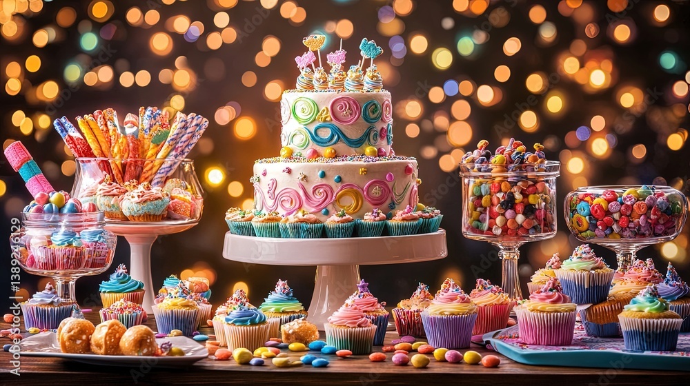 Fototapeta premium Colorful Children’s Day Dessert Table with Whimsical Cake and Sweets