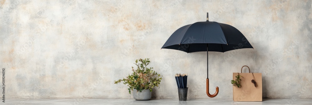 Obraz premium Umbrella, plant, and gift bag on a textured wall
