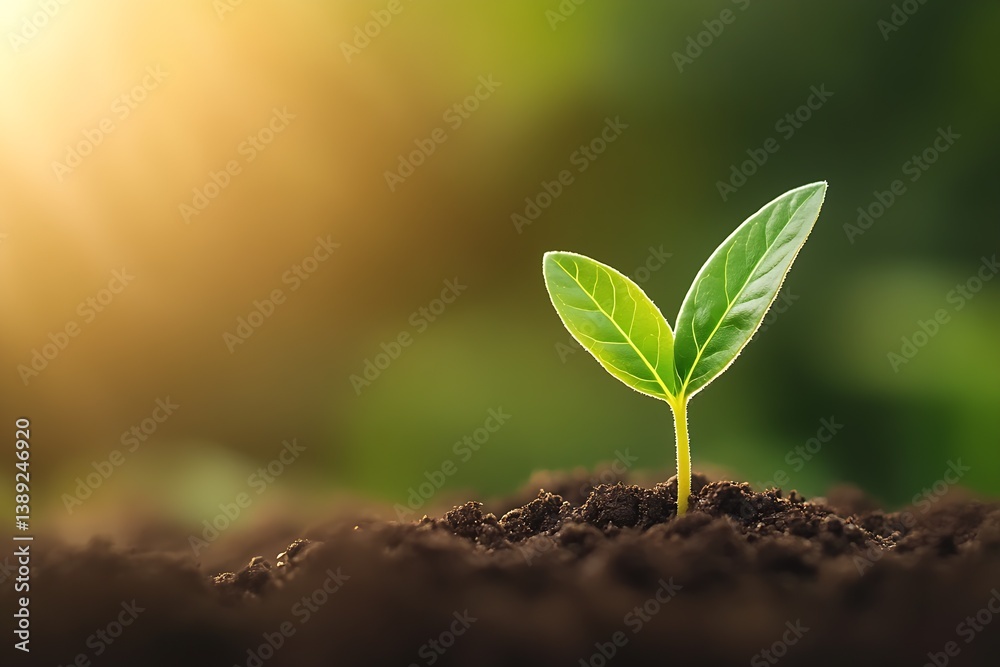 Fototapeta premium Fresh green plant seedling with two leaves breaking through fertile soil in early morning light : Generative AI