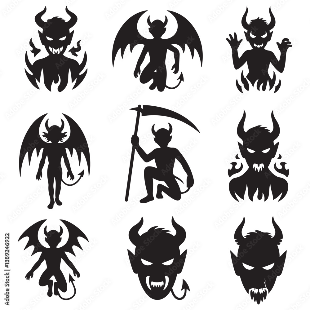 Naklejka premium Demon devil and hell silhouettes set, large pack of Silhouette Vector Black Illustration. with white background