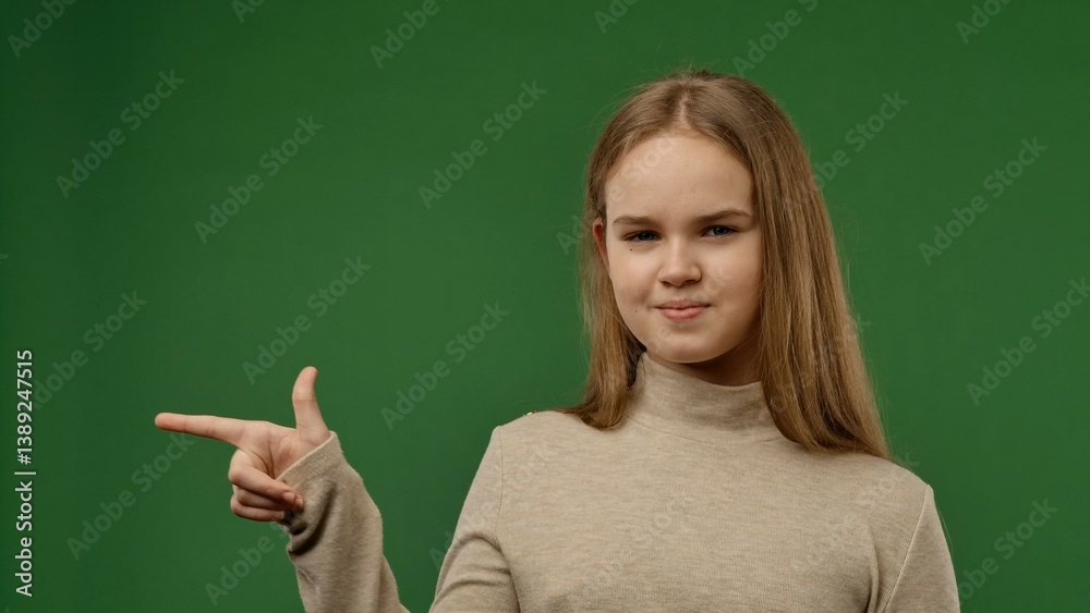 Teenage girl posing at camera smiling and pointing finger at side, positive expression, isolated on chroma key green screen studio background mockup. Teenage girl posing at camera smiling and pointing finger at side, positive expression, isolated on chroma key green screen studio background mockup.