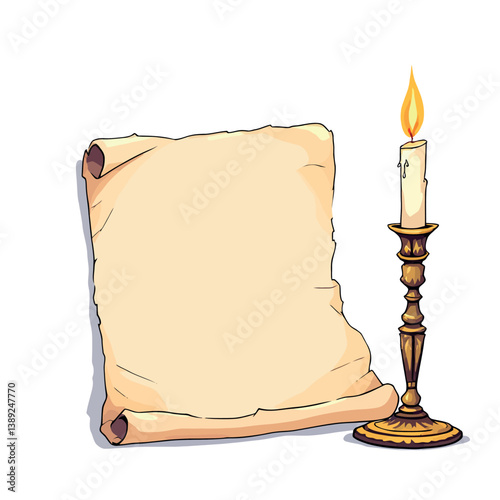 Vsai burning candle illuminating blank parchment scroll, ancient knowledge and historical documents