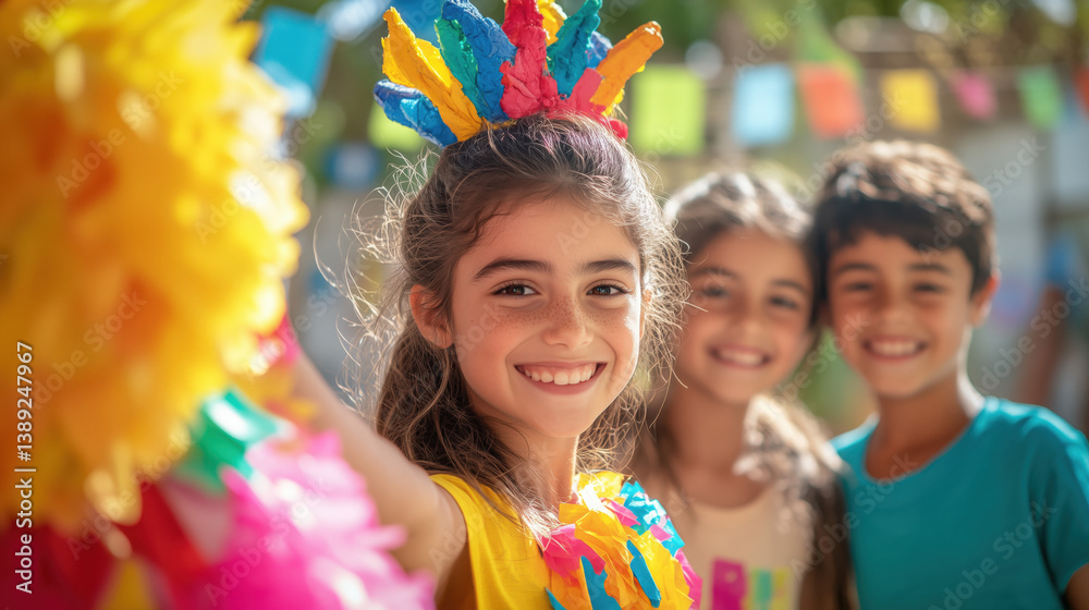 Fototapeta premium a fun birthday piñata game at an outdoor party, kids excitedly waiting to hit it
