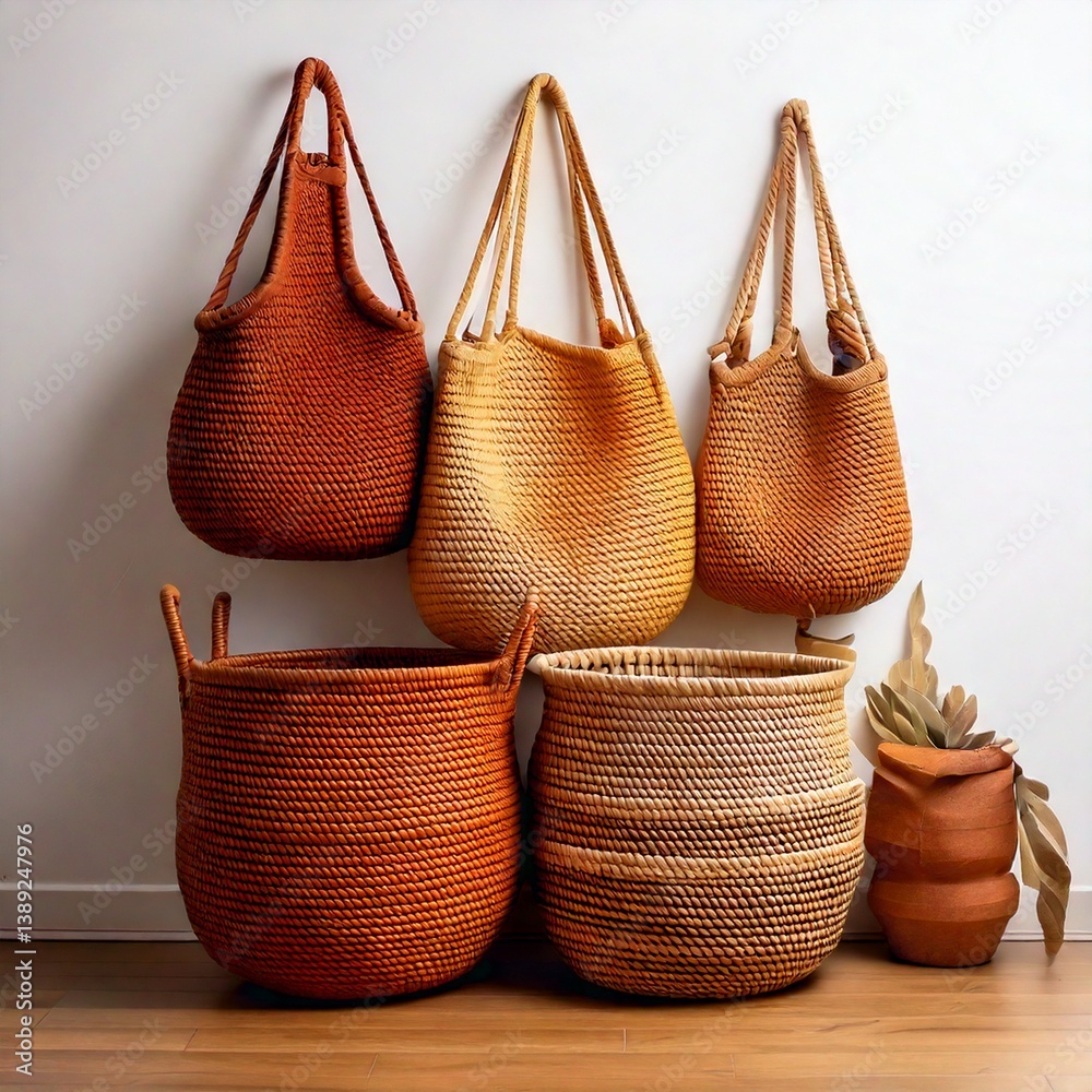Fototapeta premium A boho-style woven wall basket set