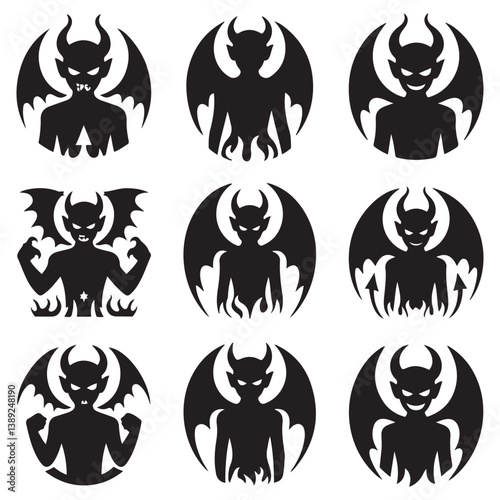 Demon devil and hell silhouettes set, large pack of Silhouette Vector Black Illustration. with white background