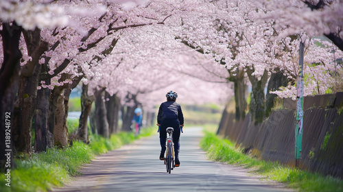 Person cycling on road lined with cherry blossom trees