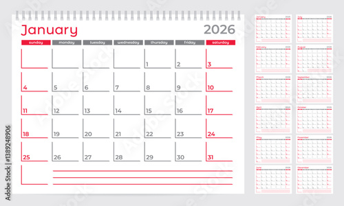 Calendar 2026 planner template. Week start on Sunday. Set of 12 months. Vector illustration