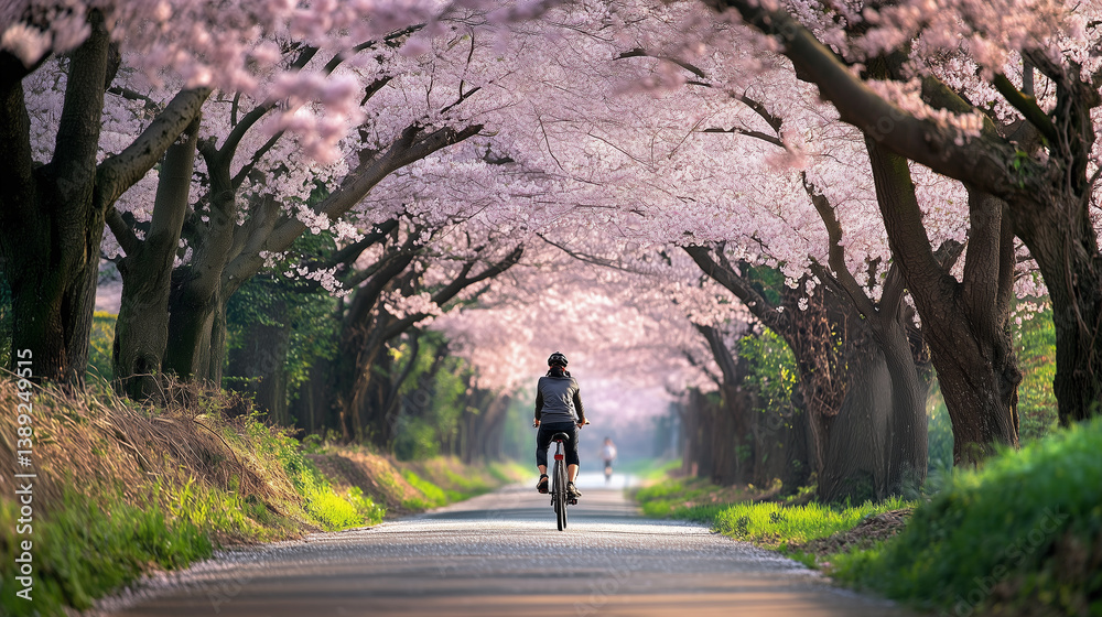 A cyclist rides through a tunnel of cherry blossom trees A cyclist rides through a tunnel of cherry blossom trees