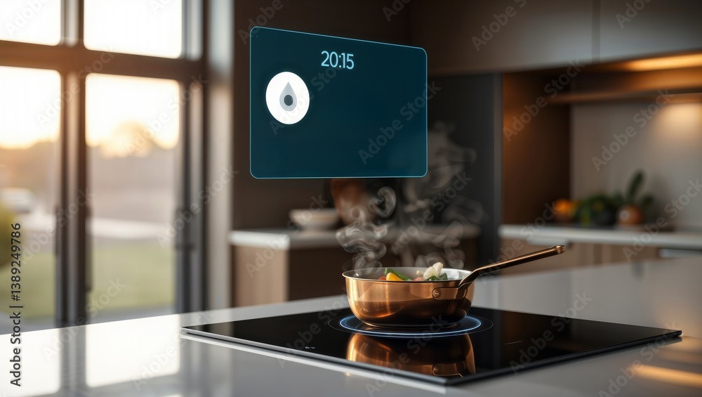 Smart kitchen cooking. Modern induction cooktop with floating interface showing timer and steam detection over a copper pan.