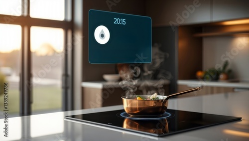Obraz na płótnie Smart kitchen cooking. Modern induction cooktop with floating interface showing timer and steam detection over a copper pan. w salonie