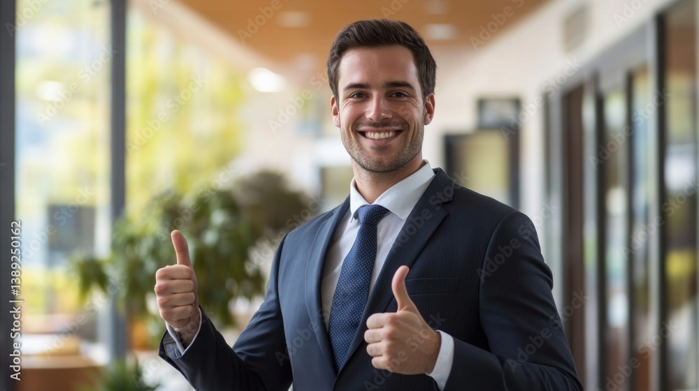 Successful Businessman Showing Thumbs Up in Office Building