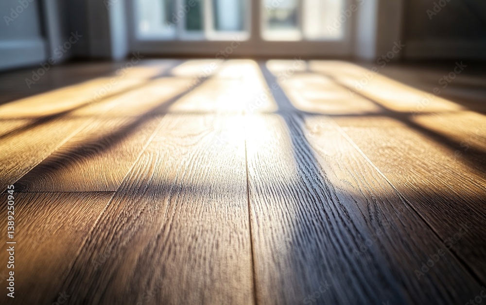 A close-up of an oak wooden floor in the interior, with a blurred background. Sunlight shines through the window onto the wood, creating beautiful light and shadow effects. The photo was taken. A close-up of an oak wooden floor in the interior, with a blurred background. Sunlight shines through the window onto the wood, creating beautiful light and shadow effects. The photo was taken.