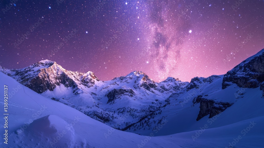 Panoramic view of snowy mountains under a starry sky Panoramic view of snowy mountains under a starry sky