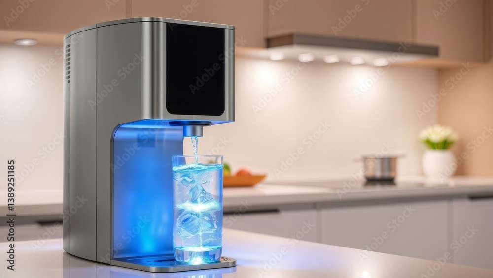 Modern countertop water dispenser. Sleek silver water cooler dispensing purified water into a glass with blue lighting.