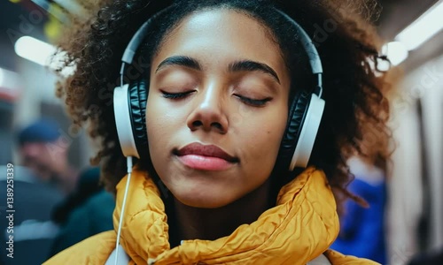 Young woman in yellow jacket enjoying music with headphones on a subway train, calm atmosphere