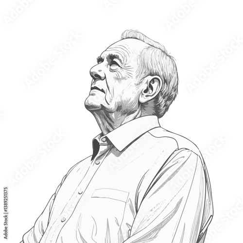 Elderly man contemplating in a thoughtful pose against a white background  