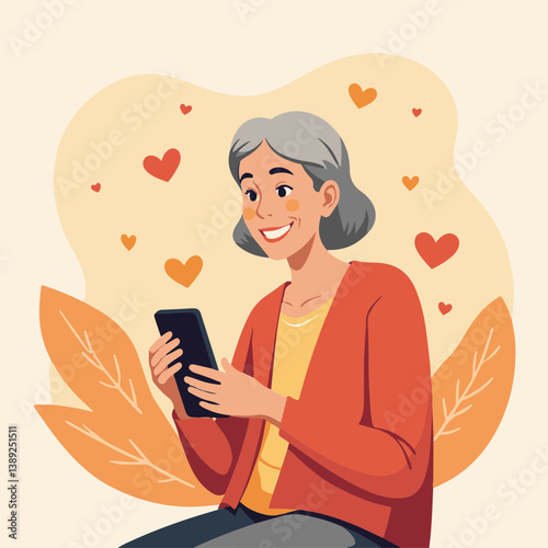 Elderly woman smiling while using smartphone with heart background  