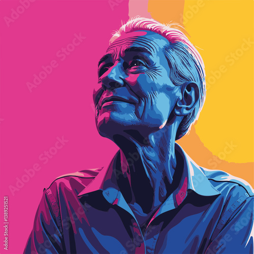 Elderly man expressing joy against vibrant background  