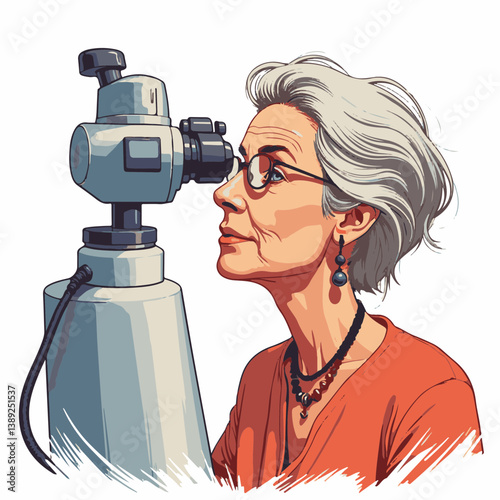 Elderly woman observing through telescope in a focused manner  