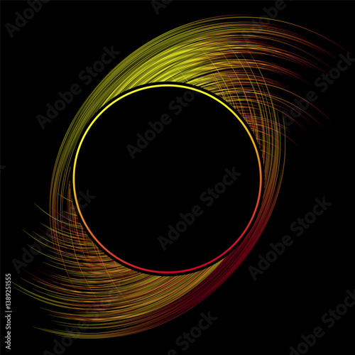 Neon glowing black hole frame with flaming space tunnel in shape of all seeing eye. Gravitational anomaly with flaming fiery cascade from black center. Gradient vector isolated on black background