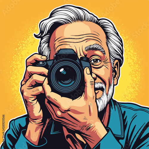 elderly man smiling while taking photo against bright yellow background  