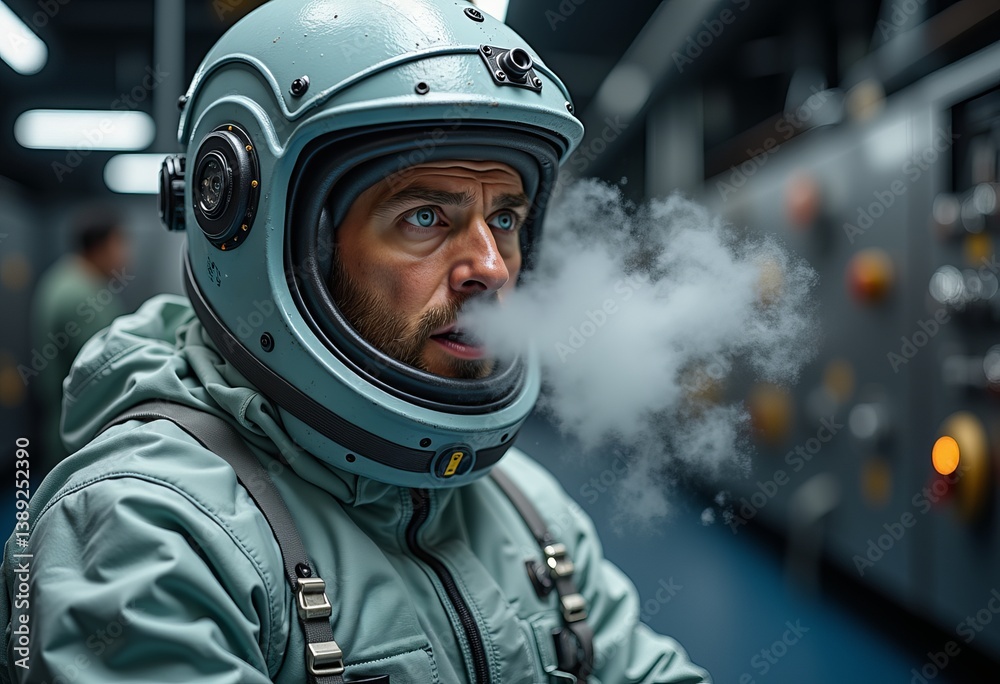 Surprised astronaut exhaling steam in a futuristic environment Surprised astronaut exhaling steam in a futuristic environment