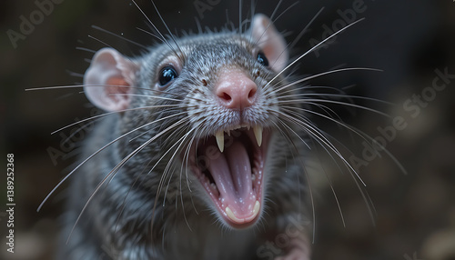 Ugly rat displays teeth in urban alley animal photography close-up nighttime scene