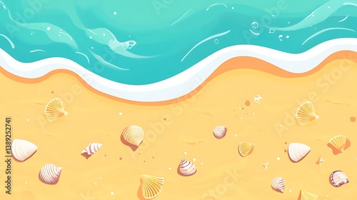 Beach top view; ocean waves, sand, seashells.