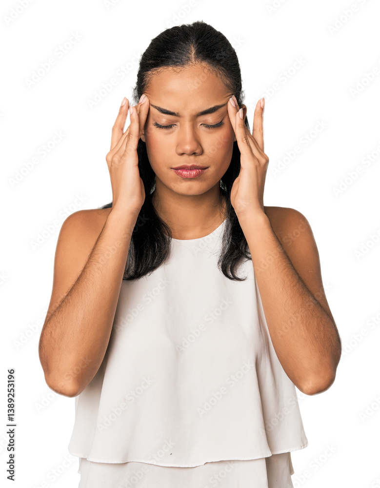 Young Filipino woman in studio touching temples and having headache. Young Filipino woman in studio touching temples and having headache.