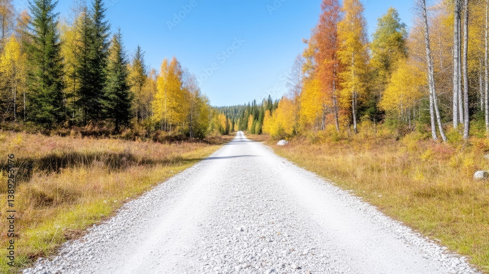 Fototapeta premium A gravel road stretches into a forest displaying vibrant autumn foliage. Trees in yellows, oranges, and greens line the road. The image is high-resolution, showcasing detail in the leaves and road te