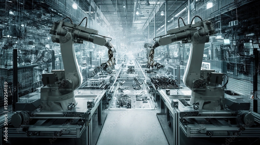 Double Exposure of High-Tech Factory Interior with Robotic Arms Double Exposure of High-Tech Factory Interior with Robotic Arms