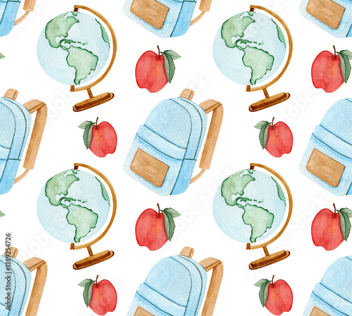 Seamless watercolor pattern featuring globes and apples. Ideal for educational, travel, and nature-themed designs for fabric, wallpaper, stationery, and home decor. photo