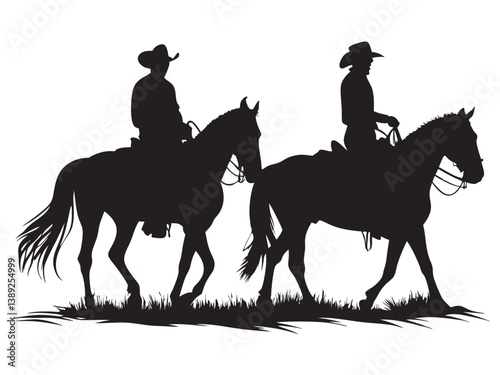 “Silhouette of two cowboys riding horses side by side, wearing cowboy hats, detailed horse movement, black silhouette on white background, minimalistic and western style.”