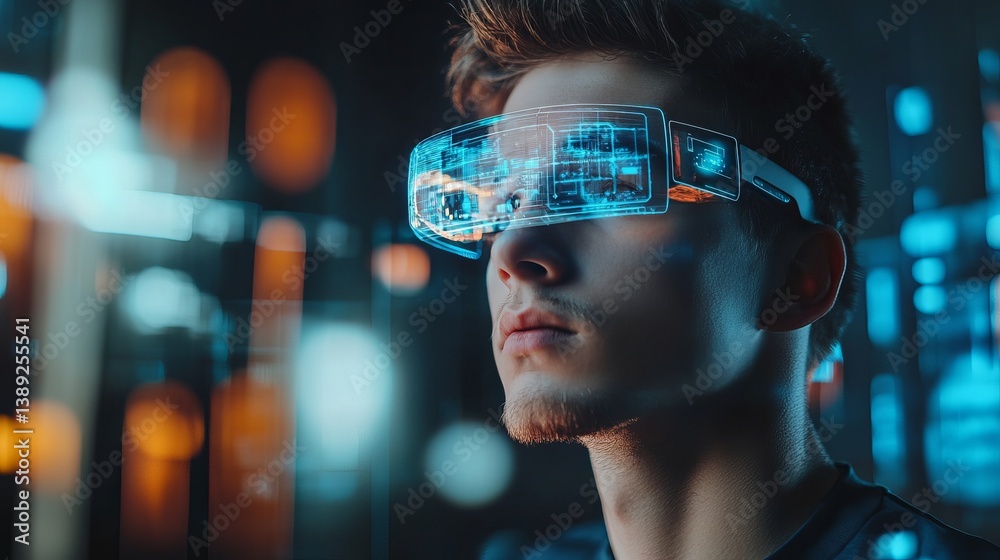 Close up of a man wearing futuristic augmented reality glasses with a blue digital interface Close up of a man wearing futuristic augmented reality glasses with a blue digital interface
