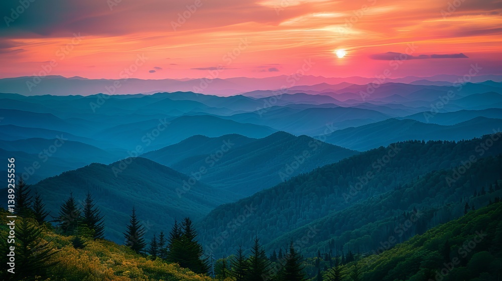 Stunning smoky mountain sunset with vibrant colors over rolling hills and misty atmosphere