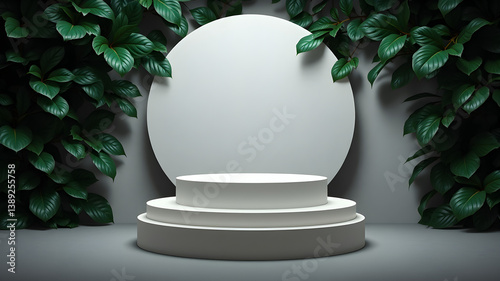 Round podium, neutral background with green leaves, perfect for product presentation
