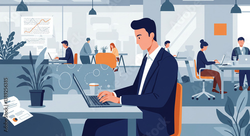 A flat design of businessman working on a laptop at a coworking space 