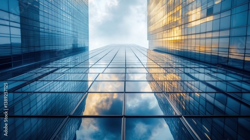 Modern skyscrapers reflecting clouds.  Glass panels create a gridded pattern, stretching upward to a dramatic sky
