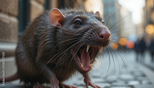 Aggressive ugly rat encounter urban street photography daytime close-up wildlife concept