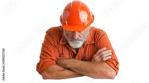 A reflective construction worker in an orange hard hat, arms crossed, appearing thoughtful against a white isolate background.