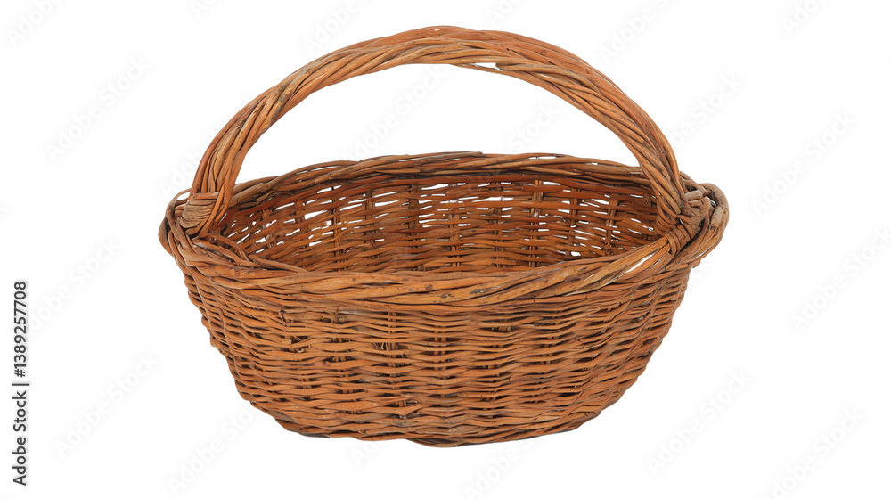 A rustic wicker basket with a sturdy handle, perfect for carrying fruits or flowers.