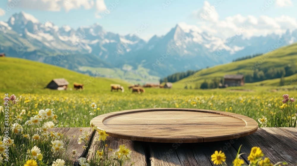 Wooden tray on wood with mountain meadow, cows, and alpine peaks. Perfect for product presentation, showcasing food, or outdoor advertising.
